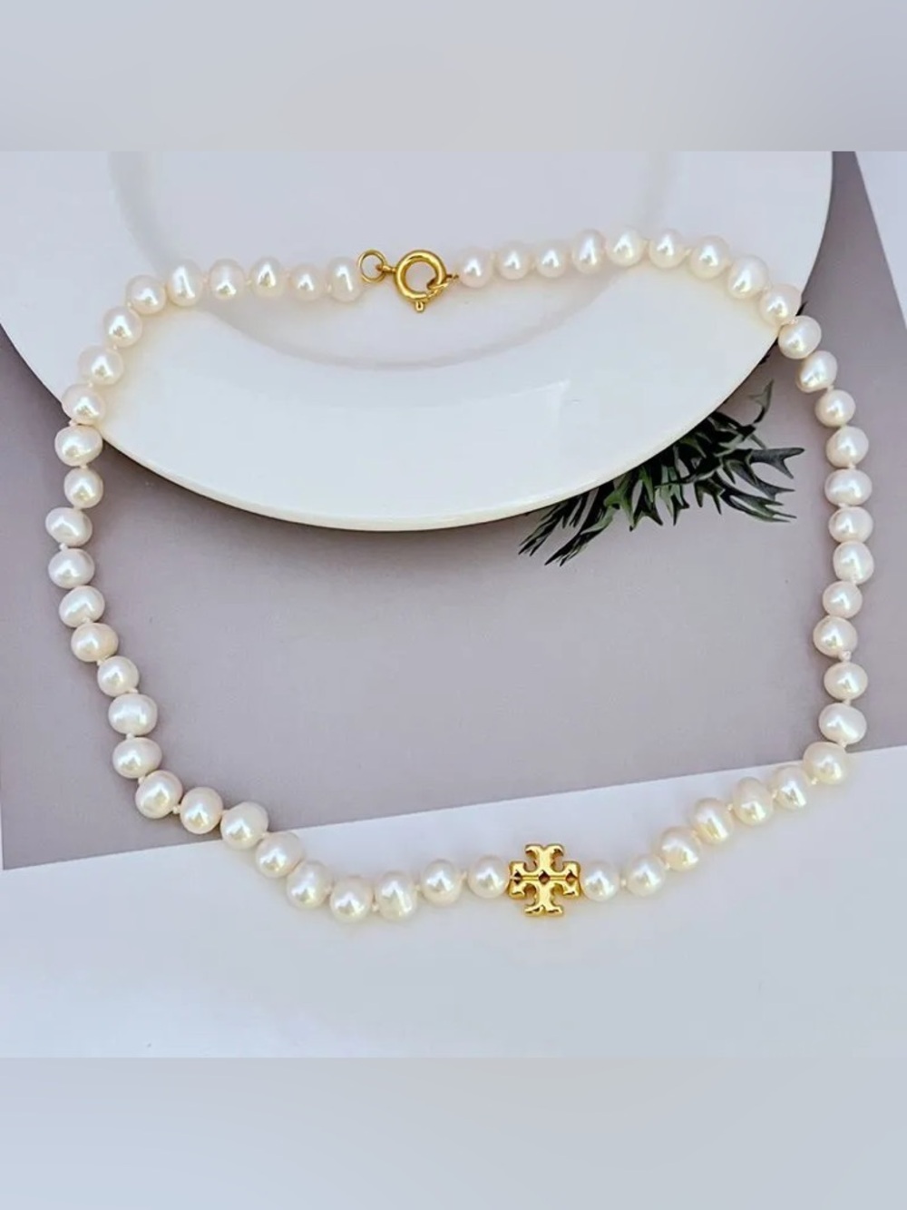 Tory Burch White Pearl Necklace with Gold Logo Accent